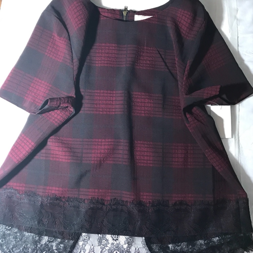 Wine red plaid top with black lace